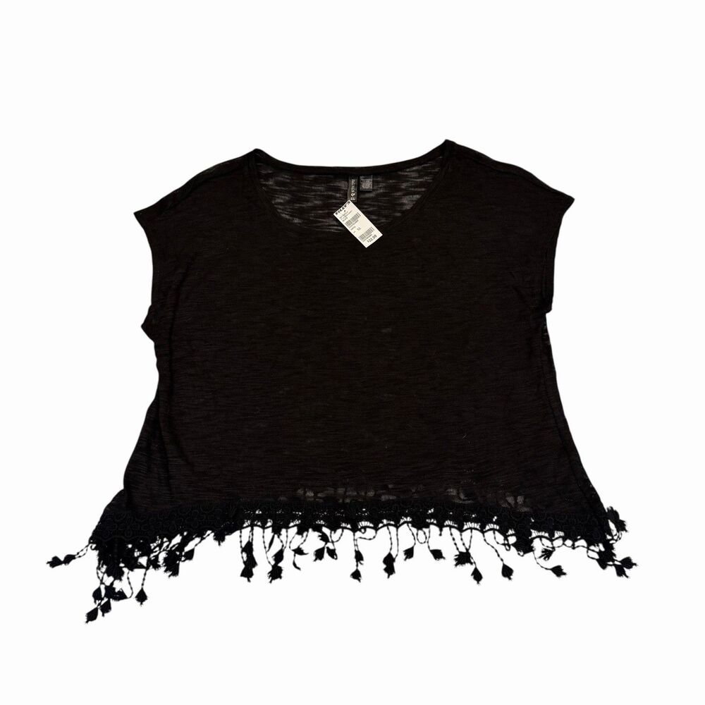 Full Tilt Crop Top Boho Fringe Tassel Lace Festival Womens XL Black NWT